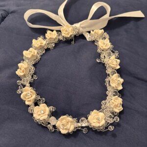 SALE-Flower Girl Headpiece Headband Floral Crystal Rhinestone Ribbon Tie